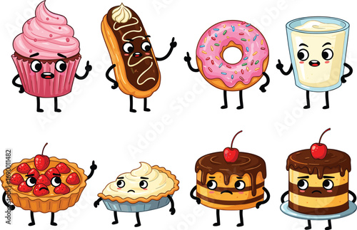 Funny cartoon desserts with expressive faces and gestures – cupcake, donut, eclair, pie, cake and milk vector illustrations