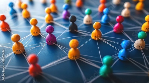 Colorful wooden figurines connected by strings forming a network pattern symbolizing communication and social connections on a dark surface