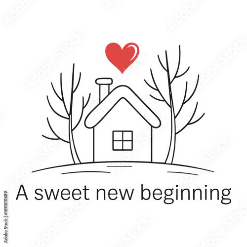 Sweet New Beginning Vector Illustration of a Cozy Home with Heart and Bare Trees