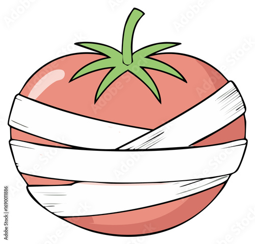A red tomato wrapped in white bandages with green stem and leaves