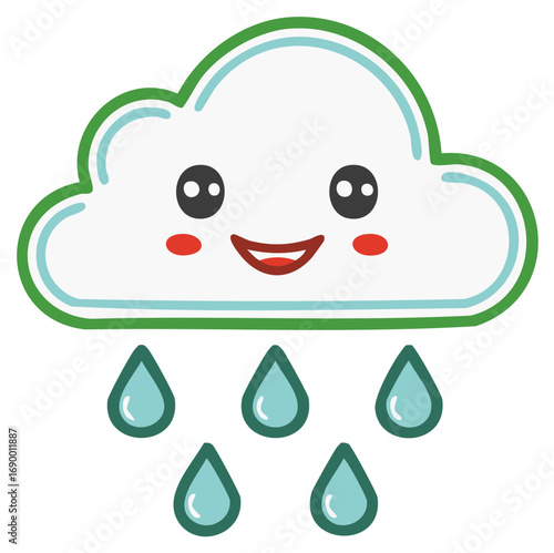 Cute Cloud with Rain Drops Smiling Weather Cartoon Illustration, Weather Forecast, Precipitation Concept