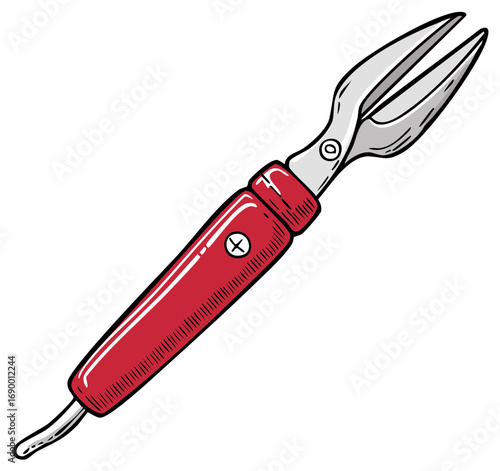 Hand drawn cartoon illustration of a garden weeder tool with a red handle