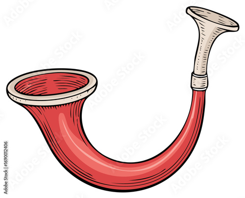 Stylized red curved horn musical instrument bright vector illustration