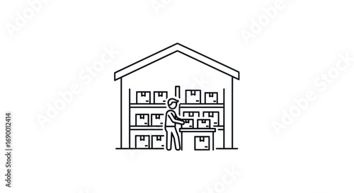 Hand-drawn line art icon of a warehouse worker organizing cardboard boxes on storage shelves.