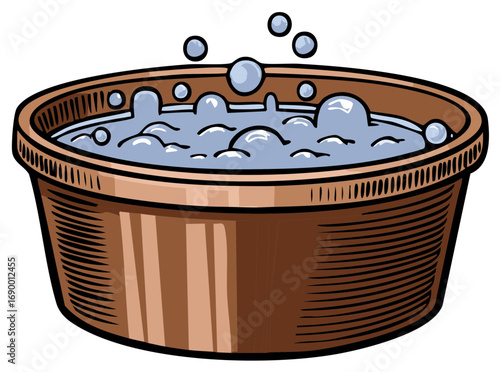 Rustic Brown Tub Filled with Water and Bubbles Cartoon Style Vector Illustration