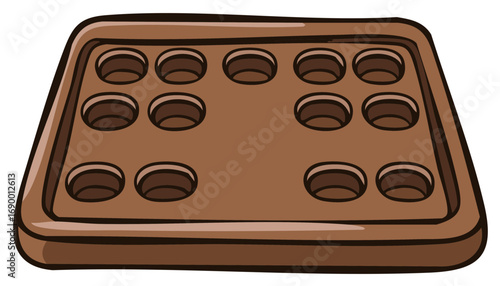 Cartoon illustration of a brown baking tray with twelve circular indentations for cupcakes or muffins.