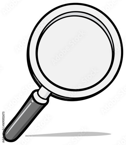 Magnifying glass with a grey handle for exploration, searching, or investigation tool. Simple cartoon art style vector graphic on white.