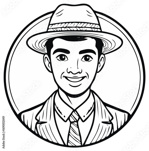 Retro style portrait of a happy man wearing a fedora hat and striped suit illustration
