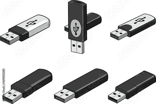 USB flash drive cartoon icons, tech memory storage devices illustrations, black and silver thumb drives in flat and isometric styles