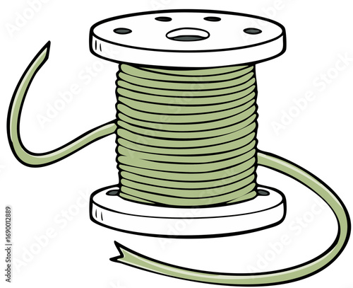 Spool of green wire illustration, metal reel with cable, wiring for electronics projects