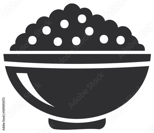 Bowl of textured food with decorative circles and rim in a minimalist style
