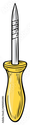 Hand drawn illustration of a shiny metal awl with a bright yellow handle