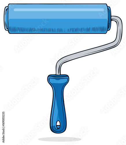 Vibrant blue paint roller cartoon illustration for home renovation, DIY, and interior decorating projects artwork