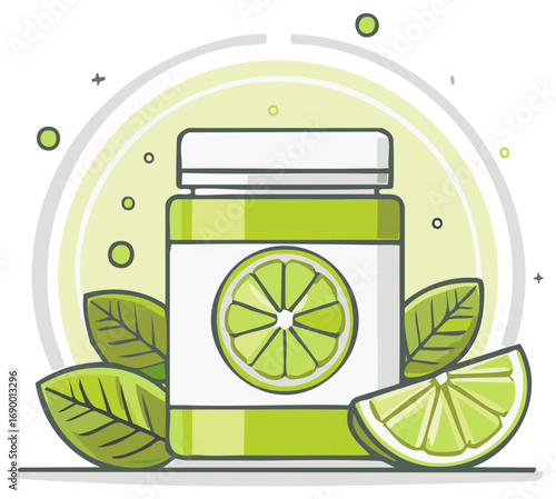 Stylized Lime Flavored Supplement Bottle with Leaves Illustration