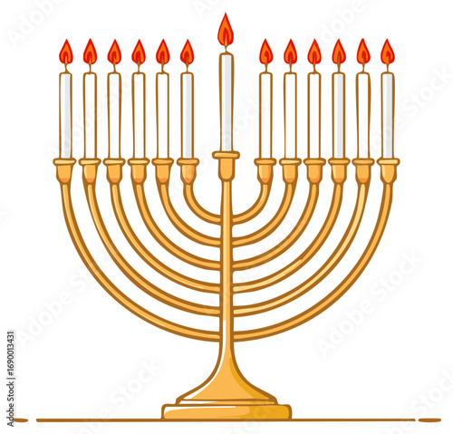 Gold menorah candelabrum with many lit candles and bright flames cartoon style