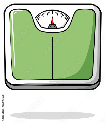 Illustration of a green and white bathroom scale with a red needle pointing at zero for weight loss