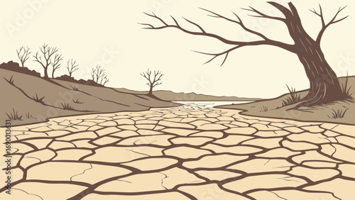 Dry land landscape illustration showing drought cracked earth and barren trees in a desert environment scene