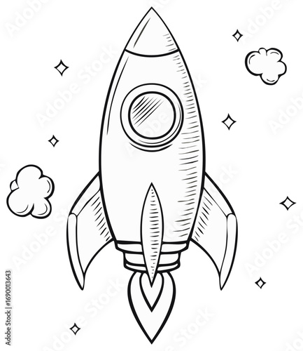 Hand drawn rocket ship illustration with smoke and stars, space theme