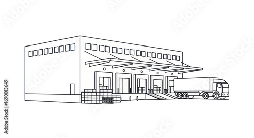 Industrial Warehouse with Loading Docks and Delivery Truck.