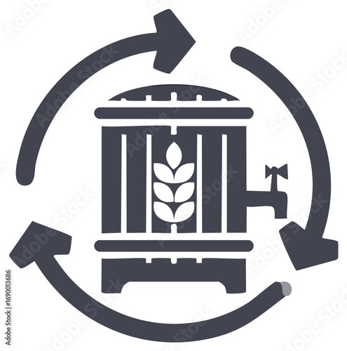Craft beer brewing cycle icon with a wooden barrel and wheat symbol
