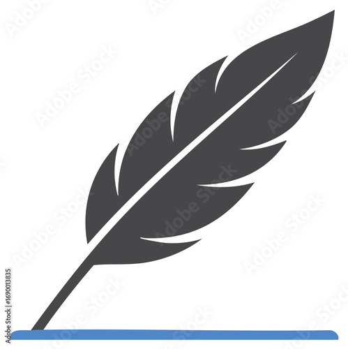 Elegant Quill Illustration Gray Feather and Blue Ink Line Symbol for Writing