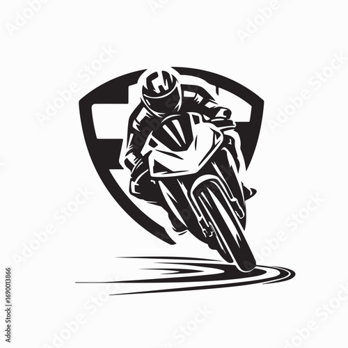 Moto Sport Racer Inside Shield Logo Vector Design Illustration on white background