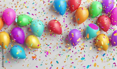 Vibrant Party Balloons and Confetti Background on White