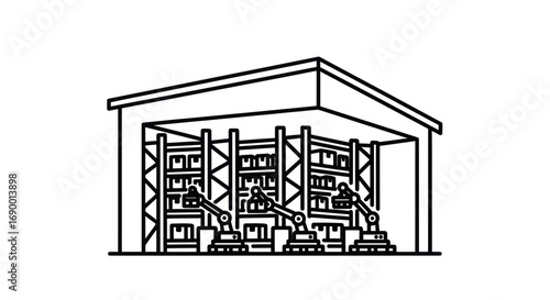 Automated Warehouse with Robotic Arms and Shelving Units, Black and White Outline.