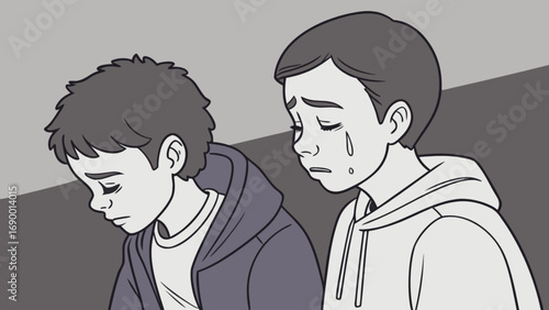 Illustration of two sad boys crying with tears down their faces feeling depressed and emotional distress art