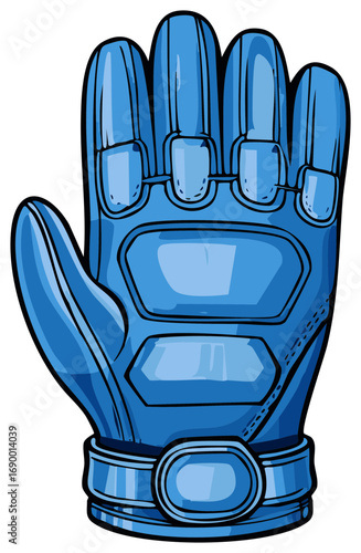 Cartoon illustration of a blue insulated hand glove. Protective clothing for sports or cold climates. Detailed design and safety gear