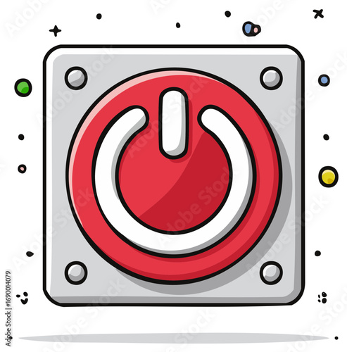 Red power button icon with hand drawn style and doodle elements