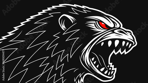 Angry gorilla head vector illustration with red eyes and sharp teeth design for logo and tattoo artwork