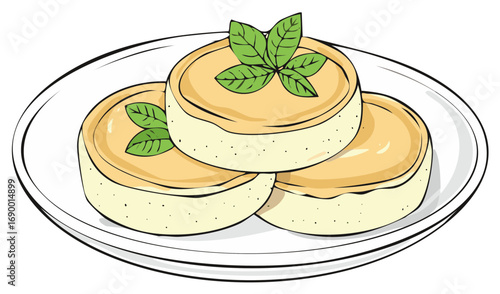 Three delicious sweet desserts with creamy topping and fresh mint leaves on a plate, vector illustration