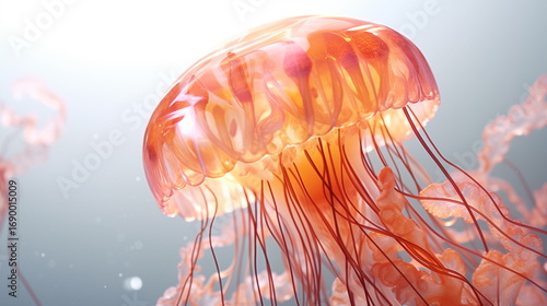 A large orange jellyfish in the sea. Ai generative.