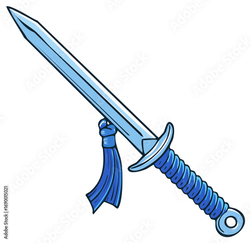 Blue cartoon sword with decorated hilt and scabbard tassel, vector graphic image for media