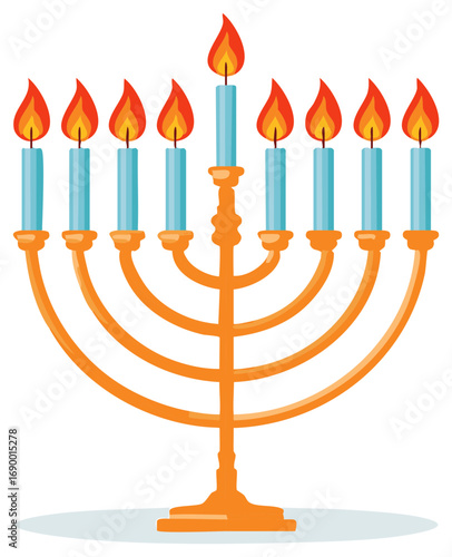 Colorful Hanukkah Menorah Illustration with Nine Burning Candles for Jewish Holiday Celebration