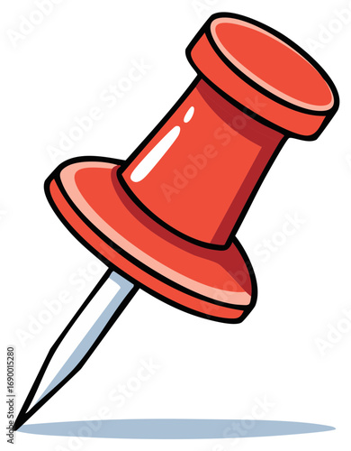 Bright Red Push Pin Icon Sharp Tack Illustration for Notice Board and Maps Cartoon Style Close Up