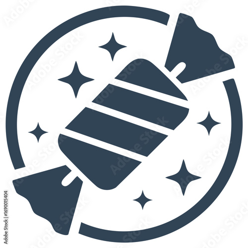 Wrapped candy treat symbol with stars in a circle. Sweet dessert icon with a shiny festive graphic element.