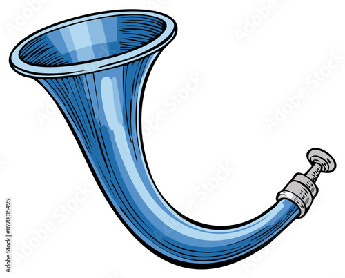 Vector illustration of a bright blue hunting horn or bugle