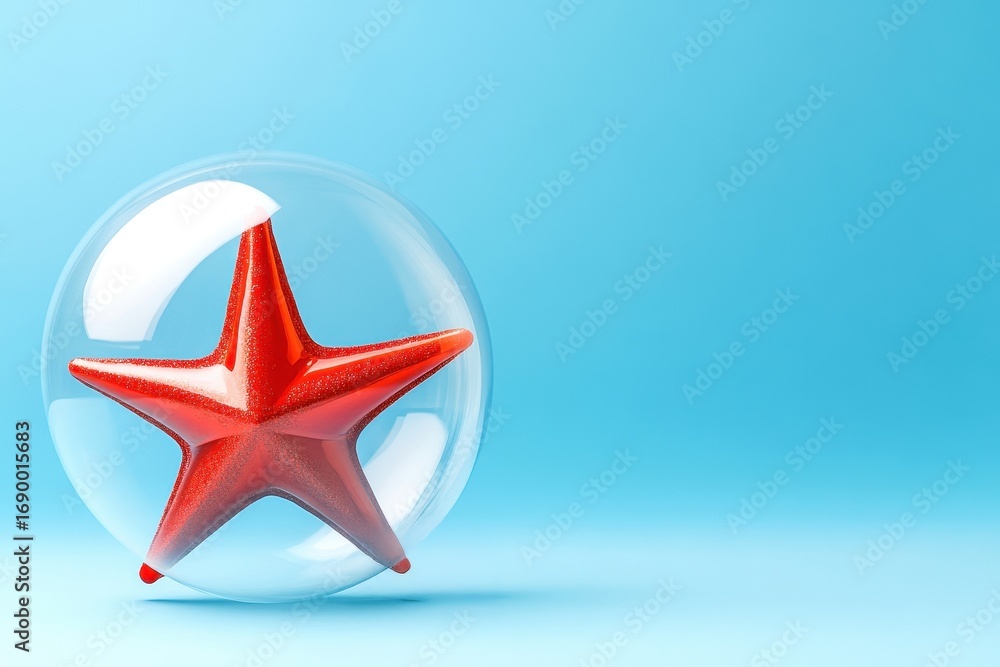Obraz premium Vibrant Red Starfish Encased in Clear Bubble Against Soft Blue Background, Symbolizing Marine Life and Ocean Beauty