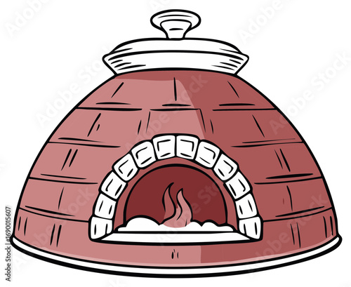 Traditional Brick Pizza Oven with Burning Fire Cartoon Illustration