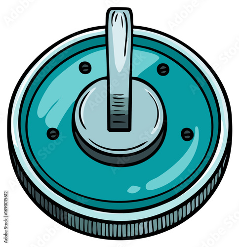 Stylized cartoonish teal and silver knob with a lever for controls or settings