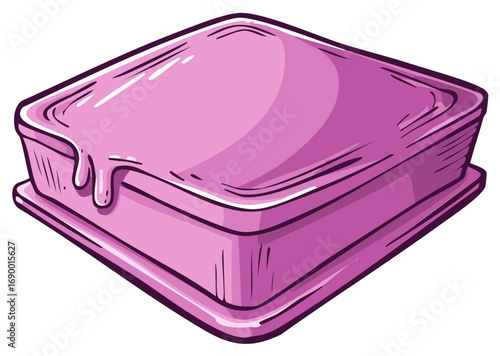 Cartoon pink gelatin dessert with dripping sauce, tasty pudding box illustration
