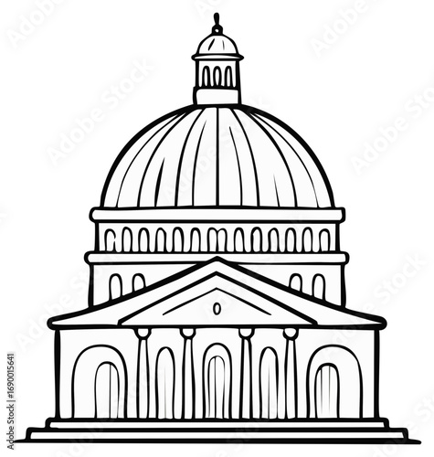 Black and white outline drawing of a domed government building or capitol architecture