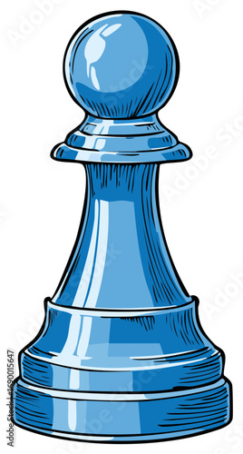 Illustration of a blue pawn chess piece. Game strategy element in a whimsical cartoon style art