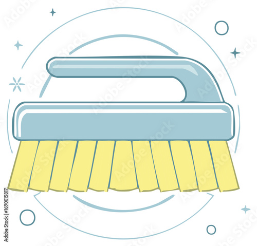 Cartoon cleaning brush with handle and bristles, sanitation cleaning tool, hygiene and domestic chores concept