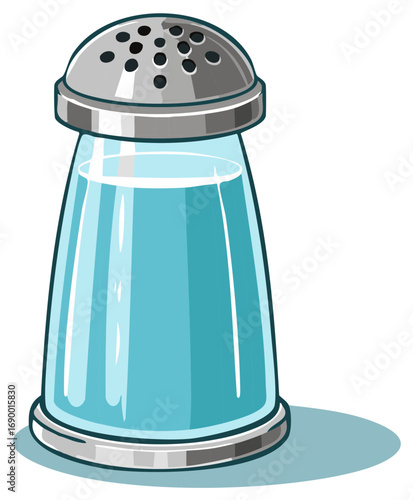 Classic glass salt shaker with a perforated metal lid, cartoon vector illustration.