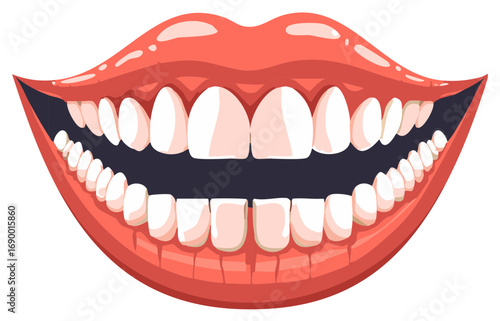 Red lips and white teeth are open wide, vector illustration, graphic design