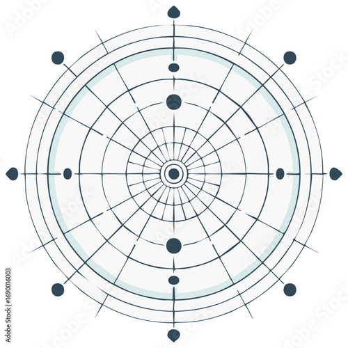 Abstract Circular Grid Illustration with Radial Lines, Concentric Rings, and Compass Points
