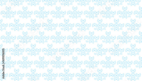 Seamless repeating pattern of geometric blue line art shapes on white background abstract